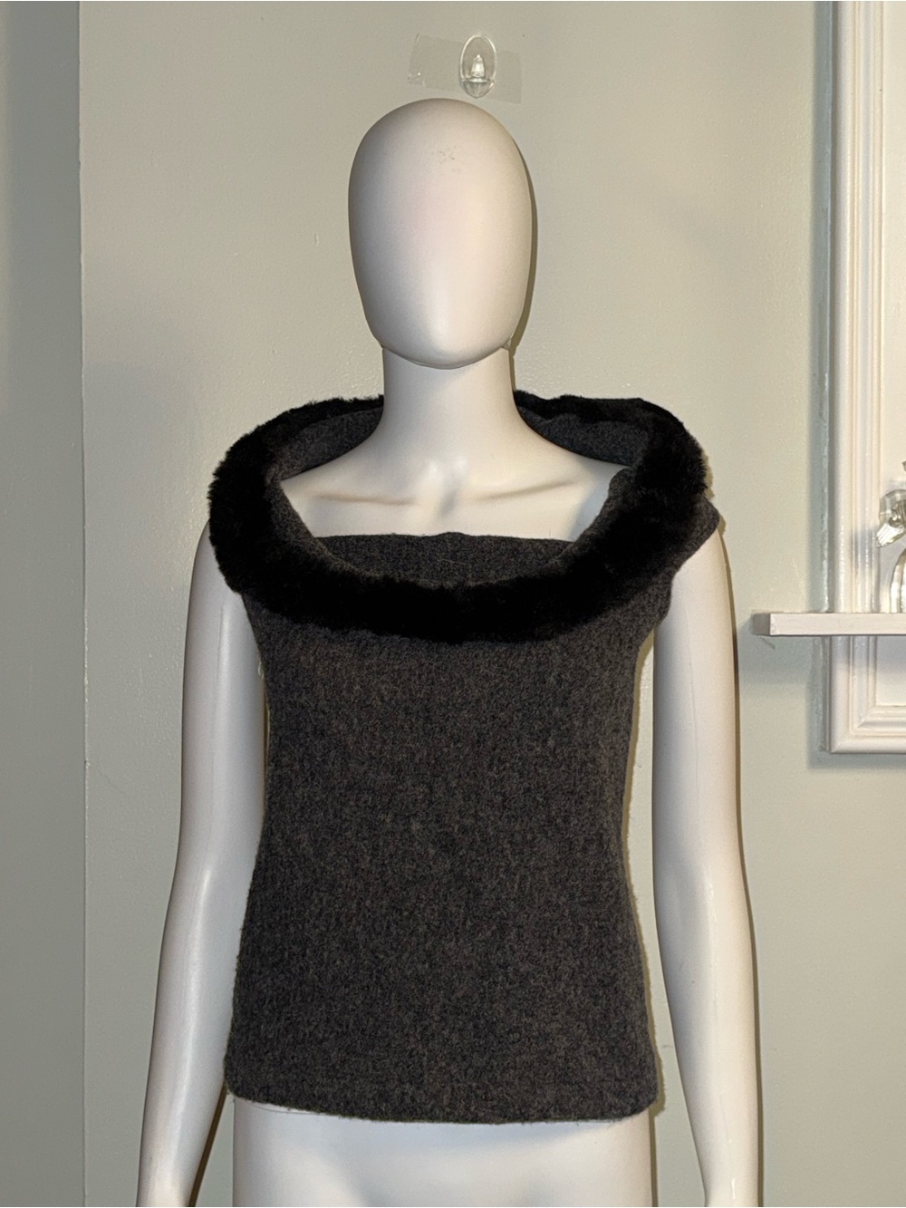 Off-the-Shoulder Black Faux Fur Trim Sweater Top